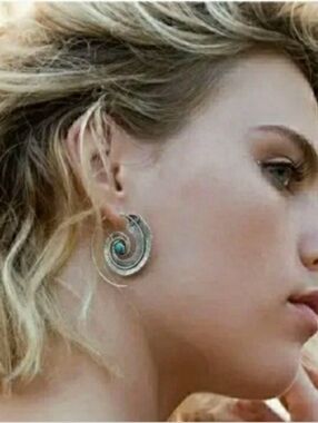 Boho Hoop Earrings Silver Turquoise Feather Spiral Southwestern 🦋 NEW